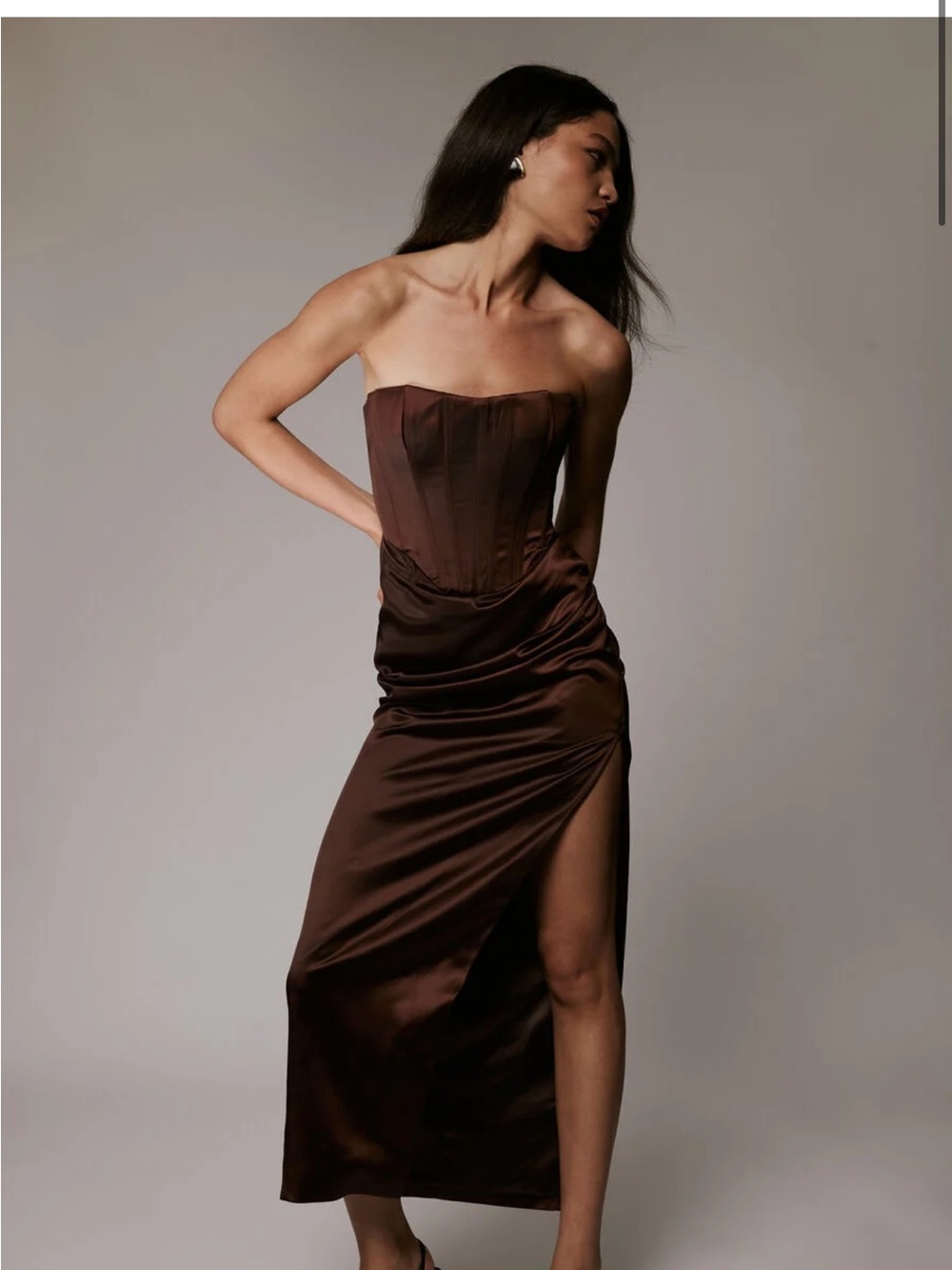 Bardot Chocolate Brown Strapless Satin Gown with Side Slit